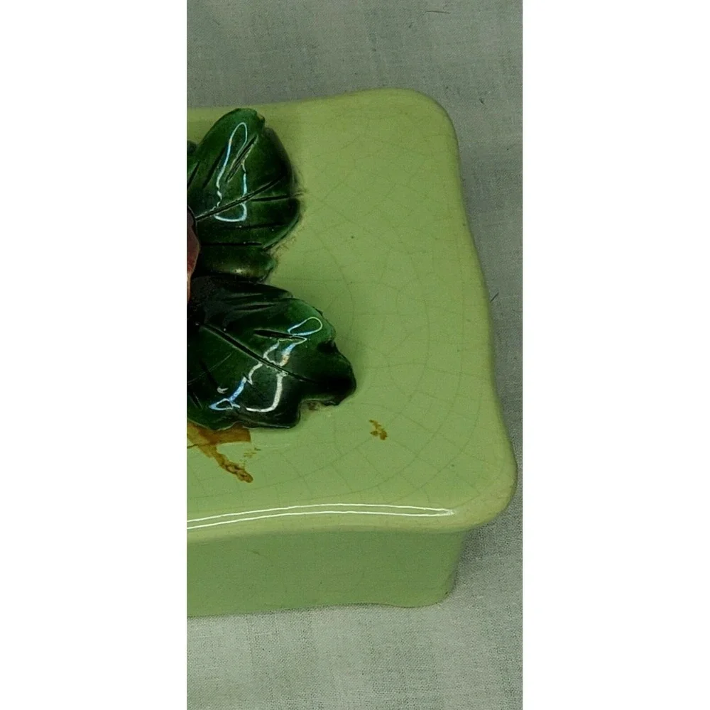 Vintage 1950s Johannes Bram of California Ceramic  Green With Rose Trinket Dish
